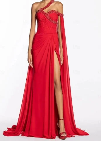 Women's Office Outfit A-Line Evening Gown Elegant Floor Length Sleeveless One Shoulder Chiffon with Sequin