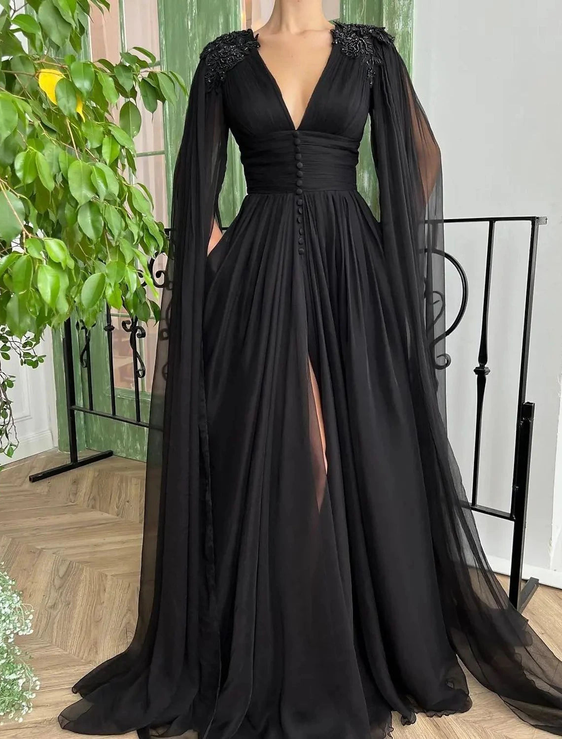 Women's Travel Attire A-Line Evening Gown Black Dress Formal Masquerade Court Train Long Sleeve V Neck Wednesday Addams Family Chiffon with Buttons Slit Appliques