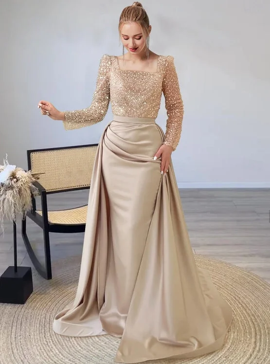 Women's Elegant Apparel Mermaid / Trumpet Evening Gown Formal Christmas Floor Length Long Sleeve Illusion Neck Champagne Mother Of the Bride Dress Sequined with Pearls Overskirt