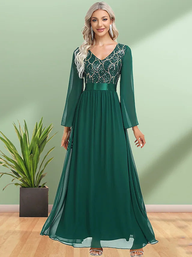 Relaxed Fit Women's Fashion Evening Gown Elegant Dress Party Wear Floor Length Long Sleeve V Neck Chiffon with Sequin