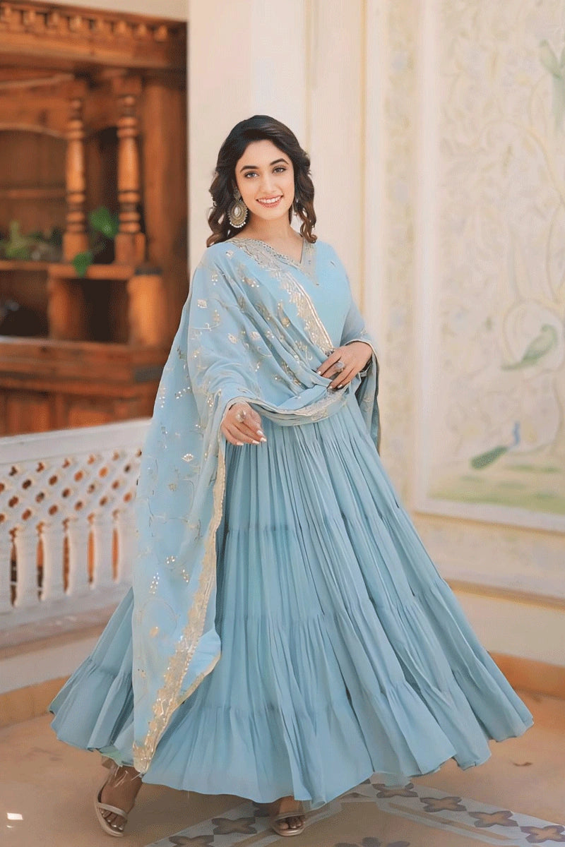 Women's Formal Wear Sky Blue Colour 5 Layer Gown For Diwali Special Outfits