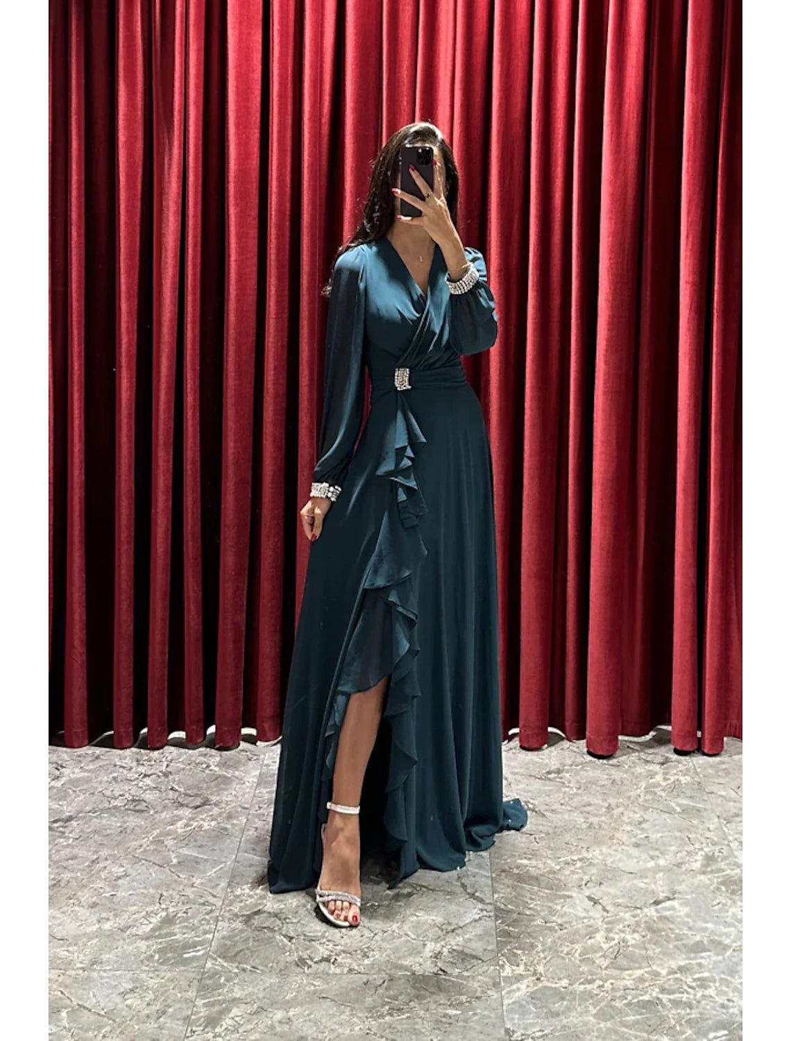 Women's Clothes For Outdoor Events A-Line Evening Gown High Split Dress Formal Fall Sweep / Brush Train Long Sleeve V Neck Stretch Fabric with Pleats Crystals Ruffles