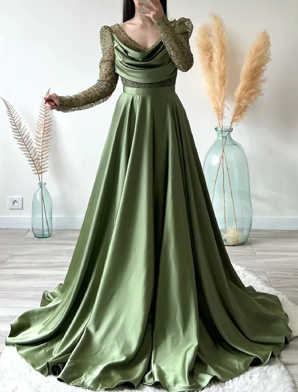 Women's Clothing And Garments Sets Ball Gown Evening Gown Elegant Dress Christmas Red Green Dress Formal Birthday Court Train Long Sleeve V Neck Charmeuse with Ruched Splicing