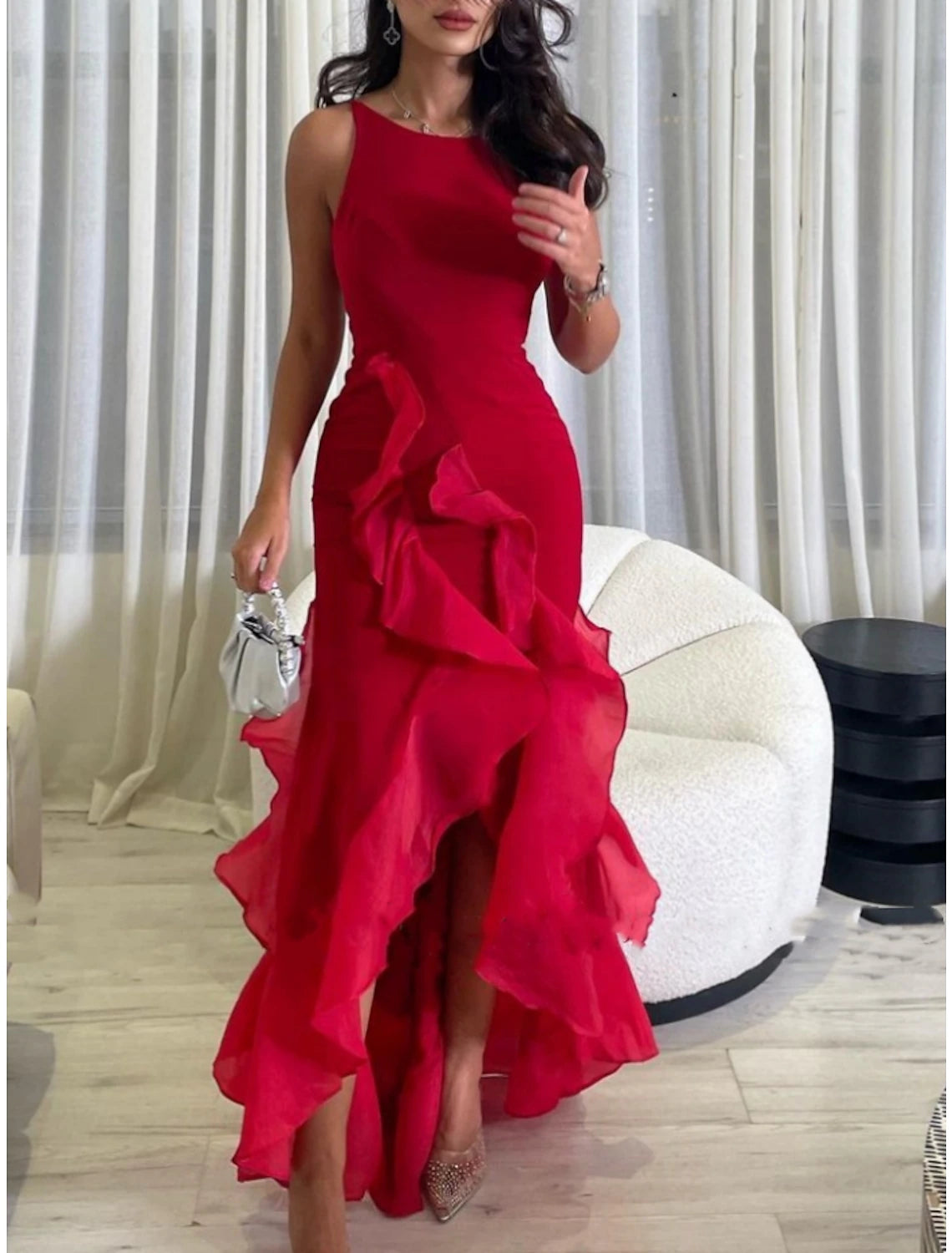 Women's Travel Outfit Set A-Line Evening Gown Elegant Dress Formal Ankle Length Christmas Red Green Dress Sleeveless Scoop Neck Stretch Chiffon with Ruffles Slit