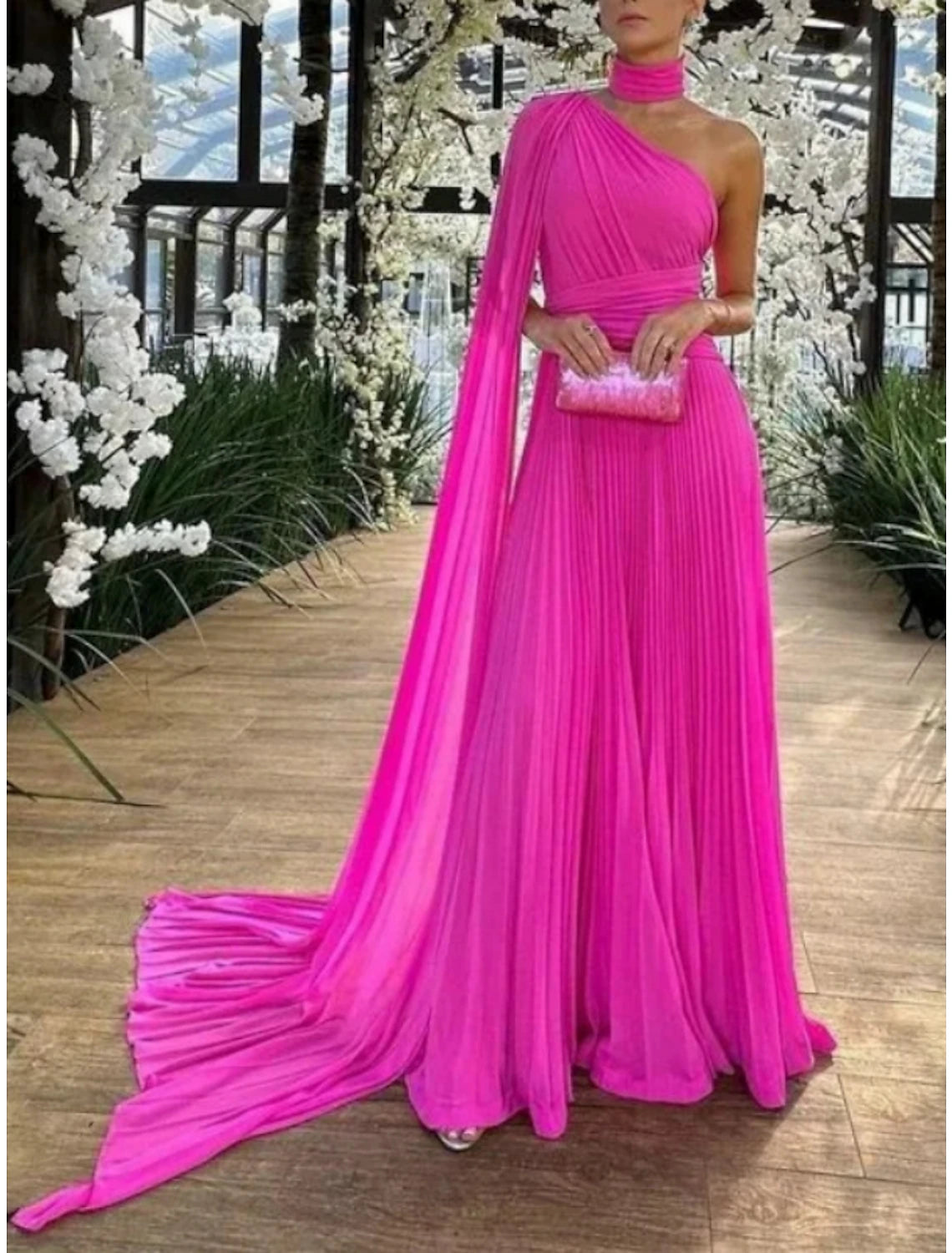 Women's Charming Outfit For Events A-Line Evening Gown Elegant Dress Formal Sweep / Brush Train Sleeveless One Shoulder Chiffon with Pleats Ruched