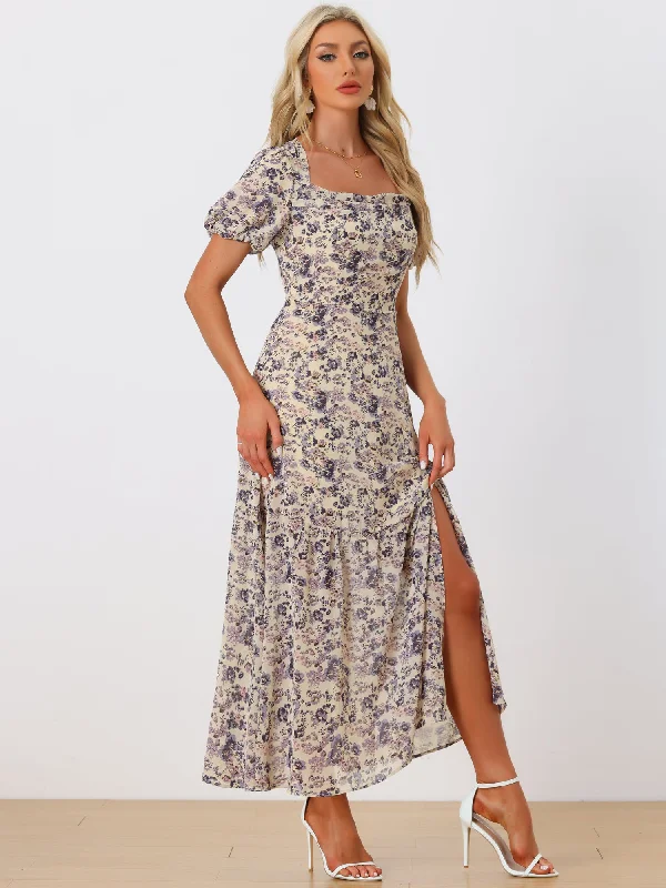 Women's Casual Dresses Floral Puff Sleeves Square Neck Ruffle Slit Maxi Dress