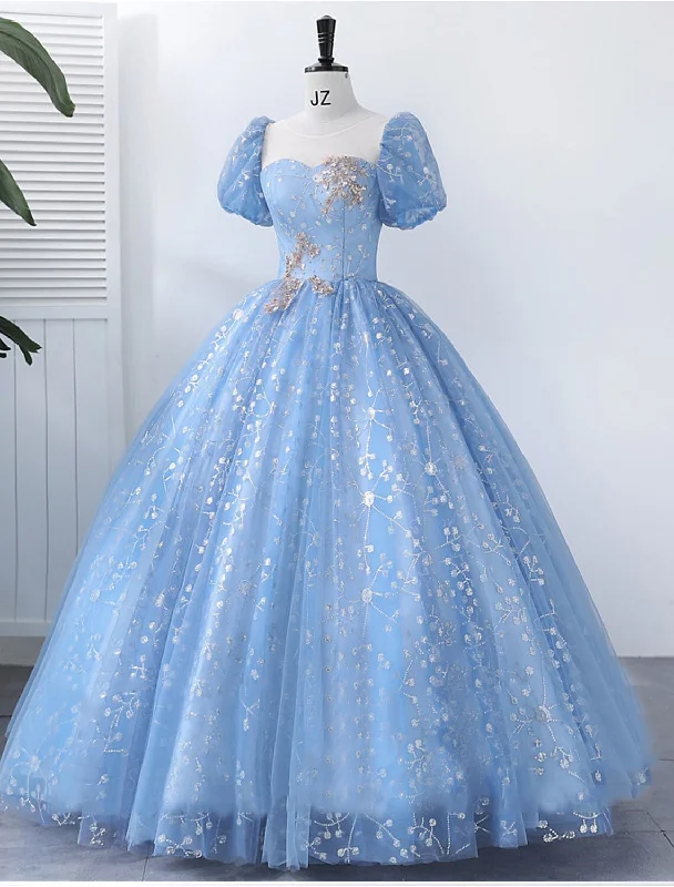 Women's Night-Out Outfit Ball Gown Quinceanera Dresses Princess Dress Performance Sweet 16 Floor Length Short Sleeve Square Neck Polyester with Pearls Appliques