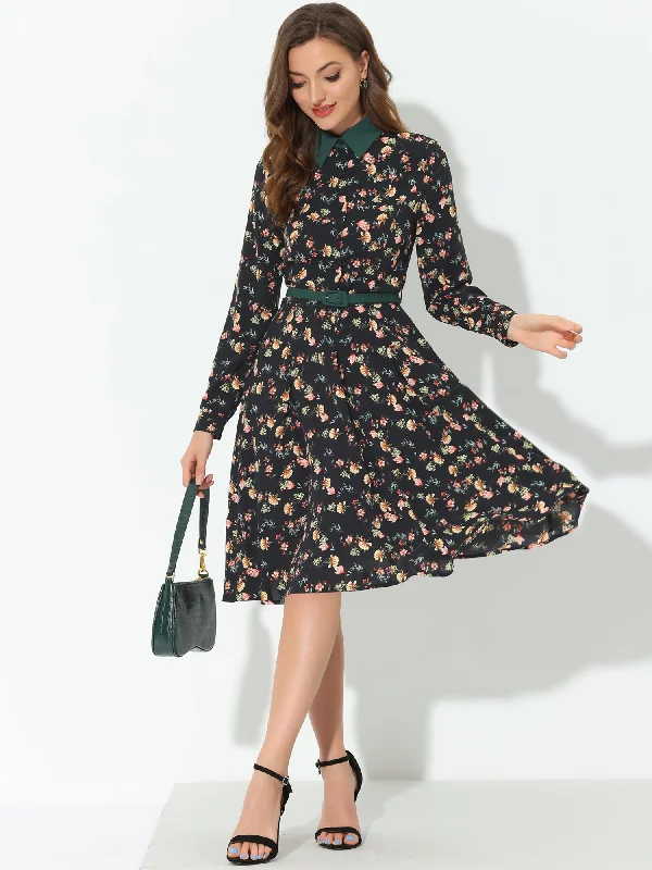 Women's Clothing Outfit Set Floral Contrast Collar Belted Long Sleeve Retro Work Office Dress