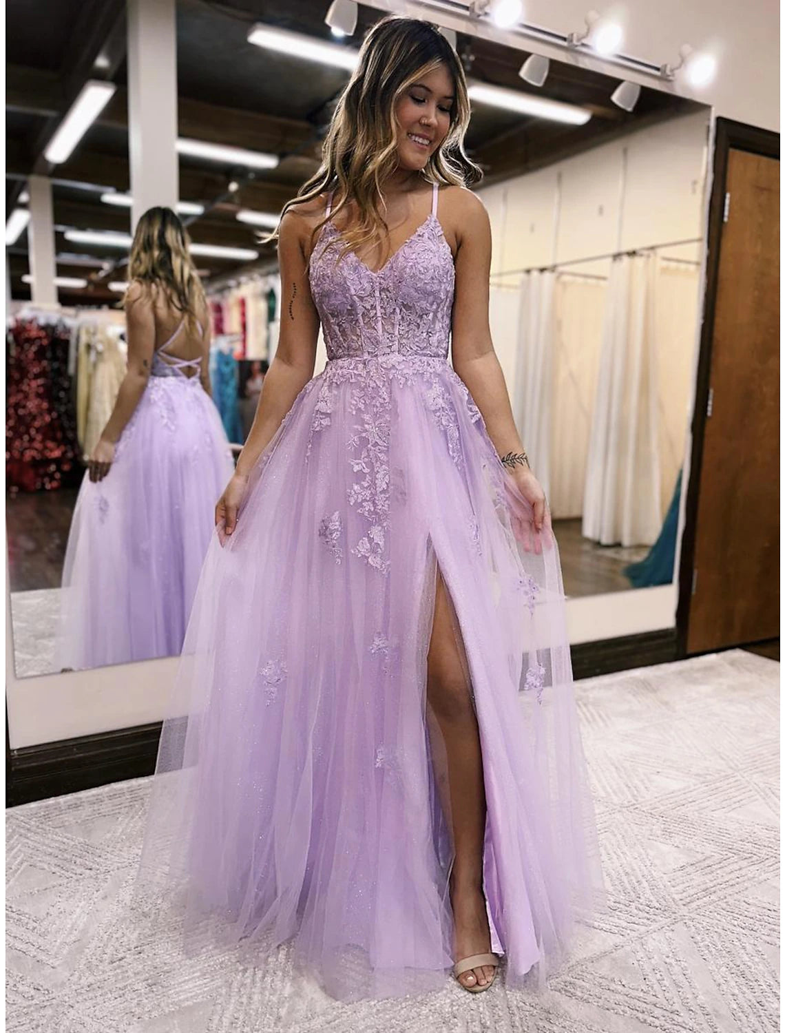 Fashionable Women's Clothing A-Line Evening Gown Open Back Dress Formal Prom Floor Length Sleeveless V Neck Tulle Backless with Beading Slit Appliques