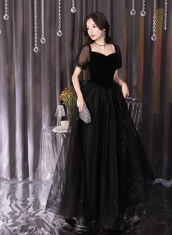 Women's Clothing Apparel A-line Glitter Black Tulle and Velvet Bubble Sleeved Ballgown Prom Dress Evening Dress