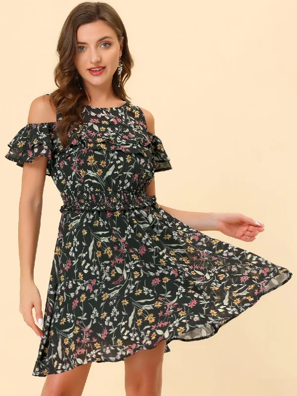 Affordable Women's Clothing Cold Shoulder Summer Smocked Waist Chiffon Floral Mini Dress