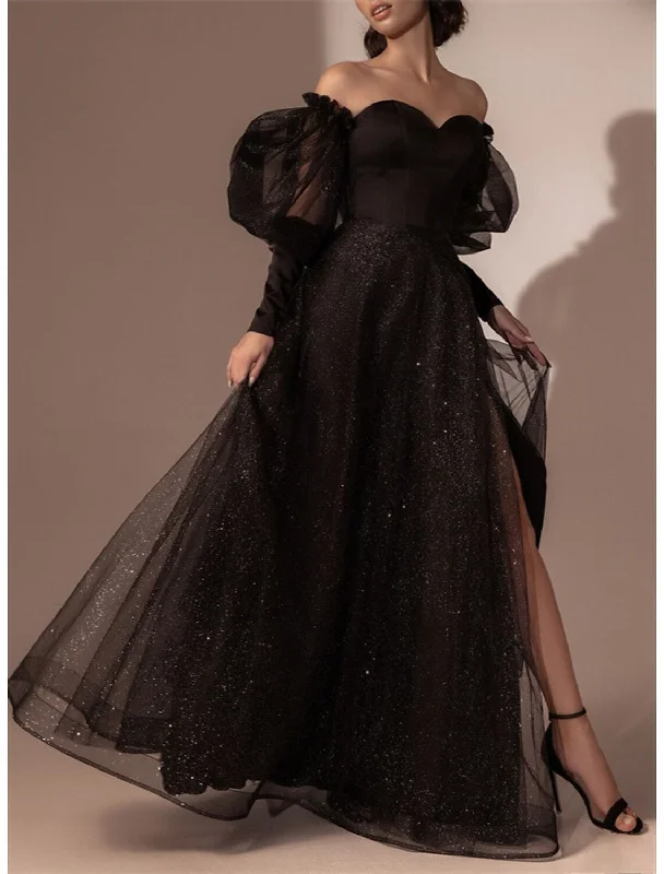 Women's Party Outfit A-Line Evening Gown High Split Dress Prom Semi Formal Black Dress Plus Size Floor Length Long Sleeve Off Shoulder Tulle with Glitter Slit