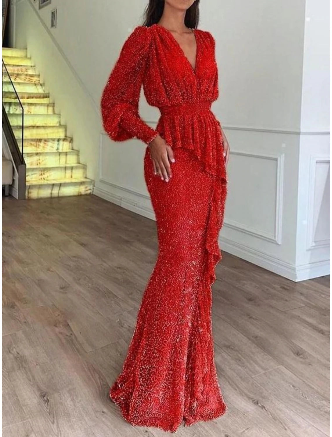 Women's Vacation Outfit Set Mermaid / Trumpet Evening Gown Elegant Dress Formal Floor Length Long Sleeve V Neck Sequined with Glitter Pleats Ruffles