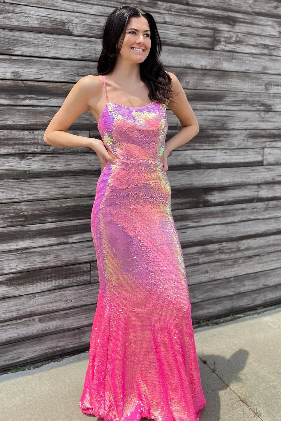 Women's Clothing Sets Iridescent Pink Sequin Lace-Up Mermaid Long Gown