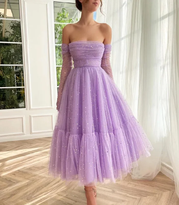 Stylish Women's Garments Lilac Starlight Lullaby Midi Prom Dress Women Gown RomanceTulle