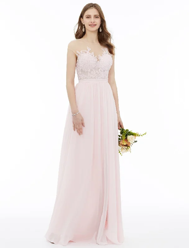 Women's Professional Outfit A-Line Bridesmaid Dress Sleeveless Floor Length Chiffon Floral Lace Sash Ribbon Appliques