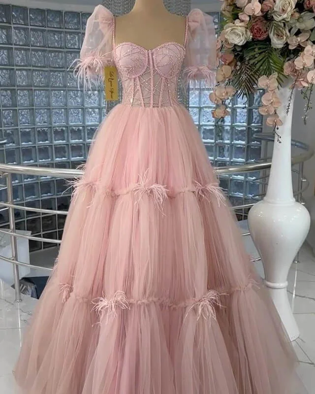 Tailored Clothing For Women Pink Tiered Tulle Ball Gown Puffy Sleeves Dress A-Line Princess Prom Dresses