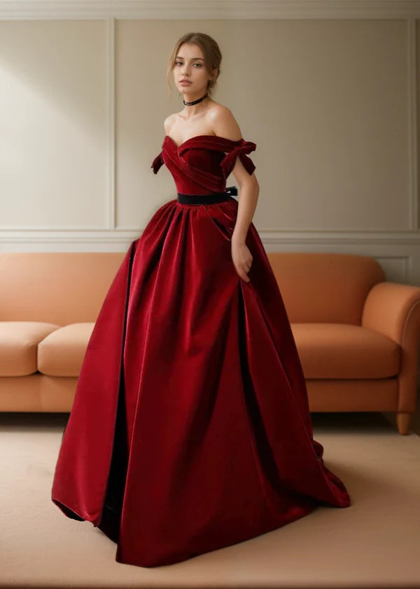 Fashionable Women's Casual Apparel Handmade Off-the-shoulder Ball gown Velvet Dress with bows