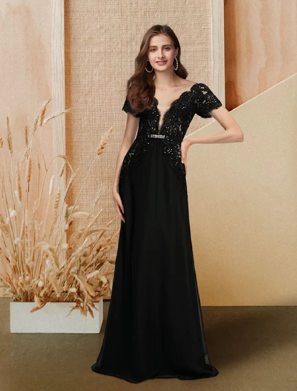 Affordable Trendy Clothes For Women A-Line Evening Gown Empire Dress Engagement Formal Evening Floor Length Short Sleeve V Neck Chiffon with Sequin Lace Insert