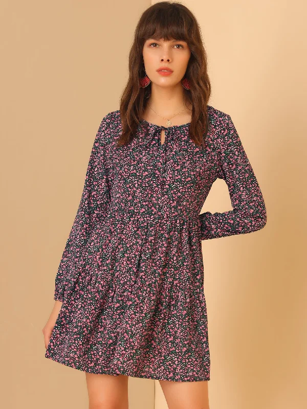 Women's Cozy Clothes Floral Print Tiered Lightweight Flowy Long Sleeve Dress