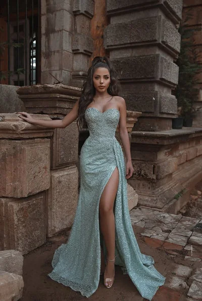 Women's High Street Fashion Beautiful Shining Crystal Sweetheart Sleeveless Prom Dresses With Split A Line Evening Gowns