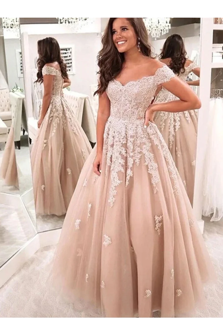 Trendy Women's Fashion Prom Dresses Charming Ball Gown Tulle Off The Shoulder Formal  With Appliques