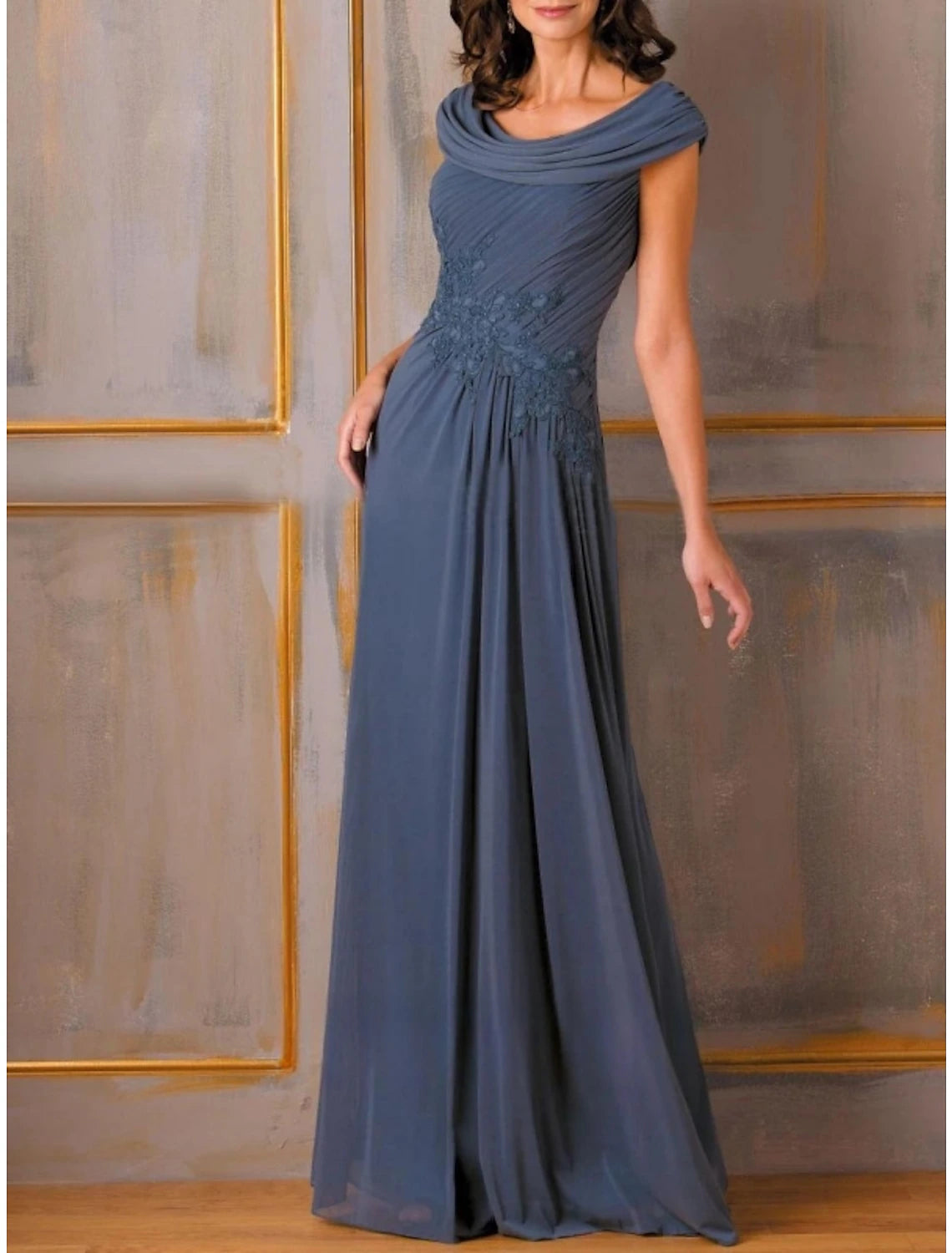 Women's Trendy Casual Outfit A-Line Evening Gown Party Dress Elegant Dress Formal Fall Floor Length Short Sleeve Scoop Neck Chiffon with Pleats Ruched Appliques