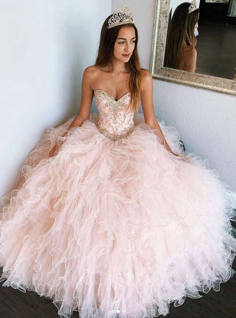 Women's Cozy Outfit For Lounging Pink Sweetheart Sleeveless Quinceanera Dresses Tulle Prom Dresses Ballgown 