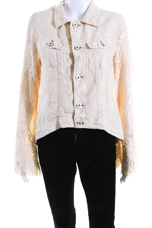 Women's Professional Outfit Sunday Tropez Womens Elvis Mesh Embroidered Sleeve Linen Jacket Beige