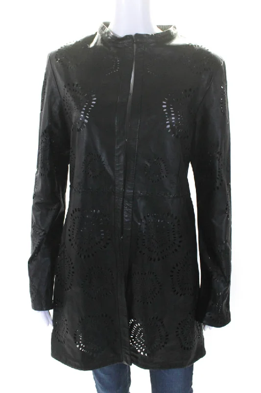 Comfortable Loungewear for Women In Transit Womens Laser Cut Long Hook & Eye Leather Jacket Black