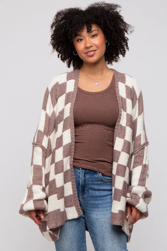 Vintage-Inspired Women's Clothes Taupe Checkered Print Oversized Cardigan