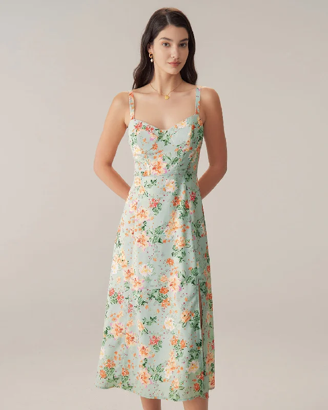 Casual Clothing For Women Green Floral Sweetheart Neck Slip Midi Dress