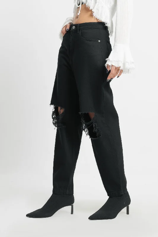 Women's Outerwear Attire Relaxed Fit Torn Black Jeans