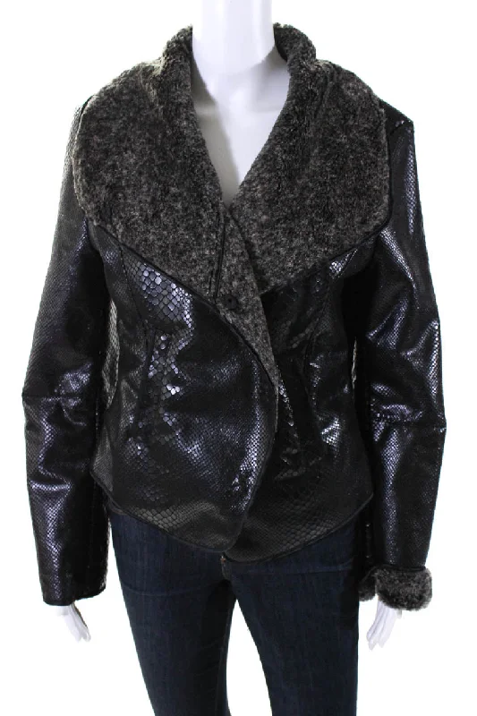 Charming Women's Outfit For Special Occasions Armani Collezioni Womens Black Reptile Print Faux Fur Lining Jacket