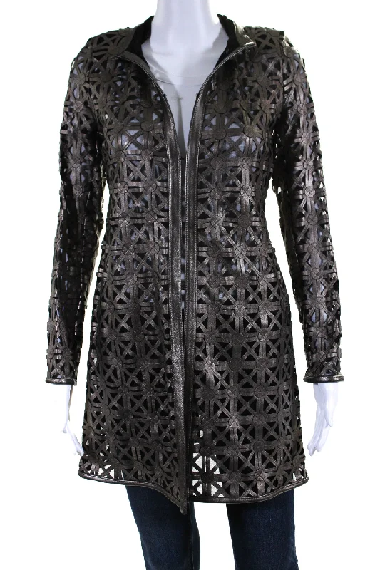 Elegant Women's Clothing Online In Transit Womens Laser Cut Metallic Mesh Leather Jacket Brown Black