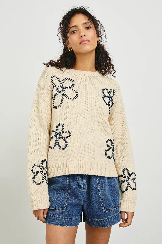 Women's Office Clothing ZOEY SWEATER - IVORY NAVY STITCHED DAISIES