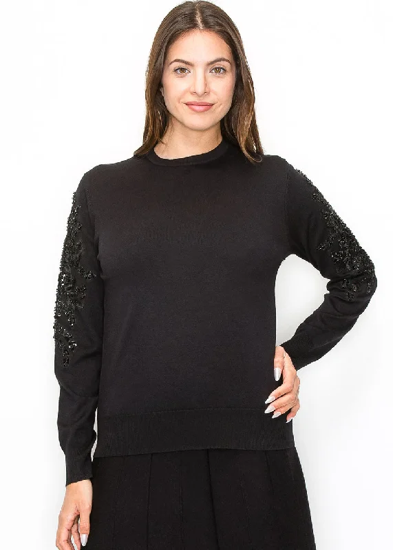 Affordable Trendy Clothes For Women Black Sweater with Embellished Sleeves