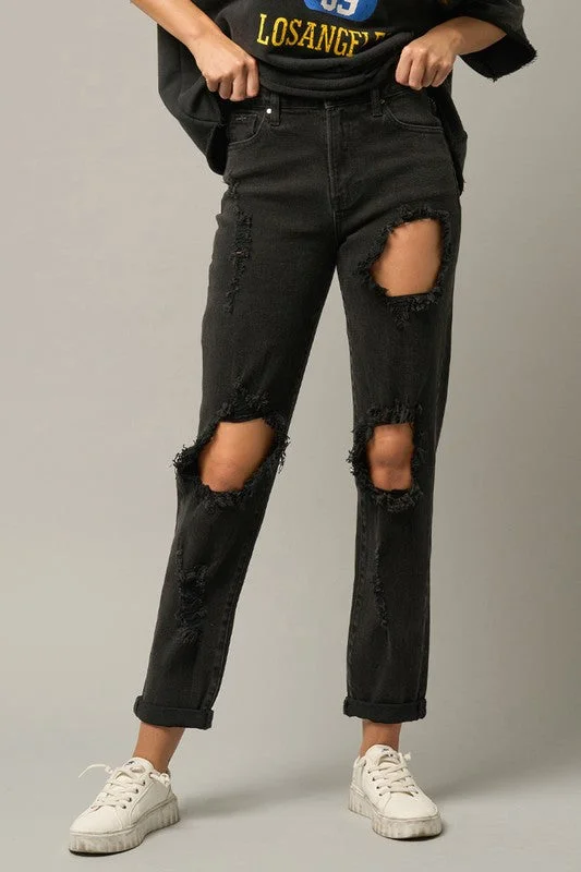 Timeless Women's Garments High Waist Destroyed Black Jeans