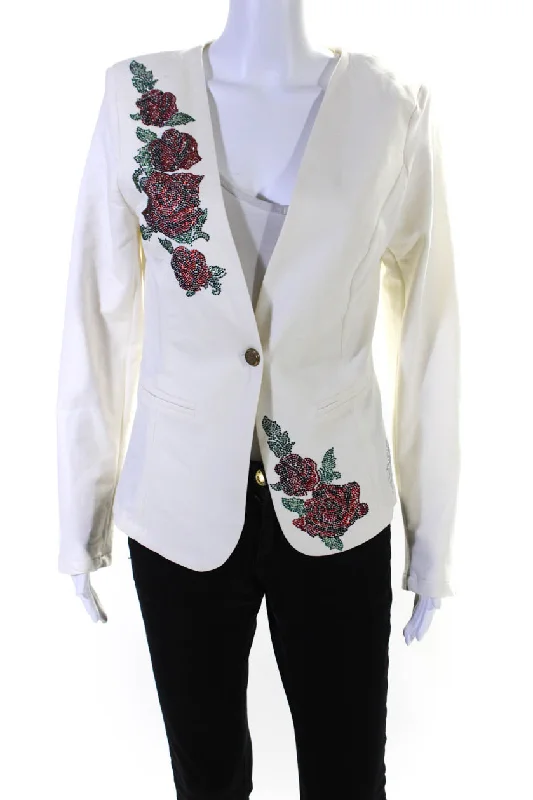 New Arrival Discount Elisabetta Franchi Womens Jeweled Floral Print Jacket White Cotton