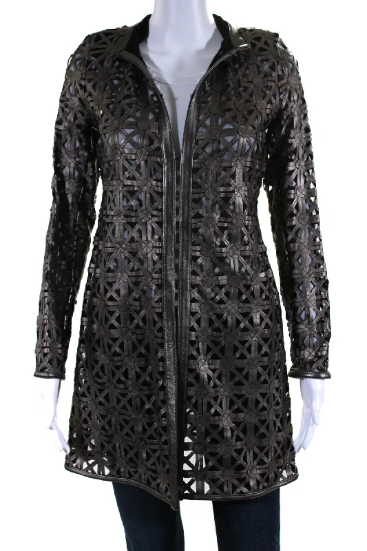 Chic Women's Clothing Online In Transit Womens Laser Cut Metallic Mesh Leather Jacket Brown Black