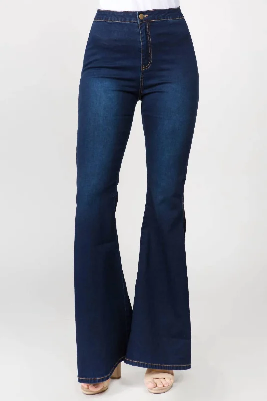 Women's Elegant Outfit Chic Side Slit Flare Jeans In Dark Blue