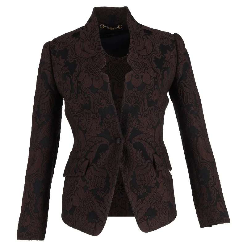 Women's Vintage Attire Gucci 2010s Floral-Jacquard Blazer in Brown Wool