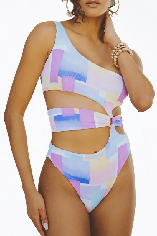 Women's Athletic Clothes Gaia Retro Ribbed Cutout One-Piece Swimsuit In Pastel Shapes