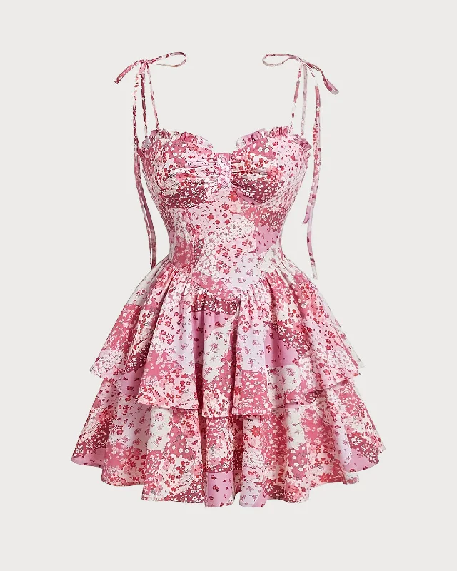 Women's Holiday Clothes Pink Floral Tiered Slip Mini Dress