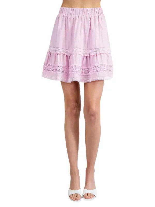 Women's Seasonal Wardrobe Clothing Crochet Trim Tiered Mini Skirt In Pink