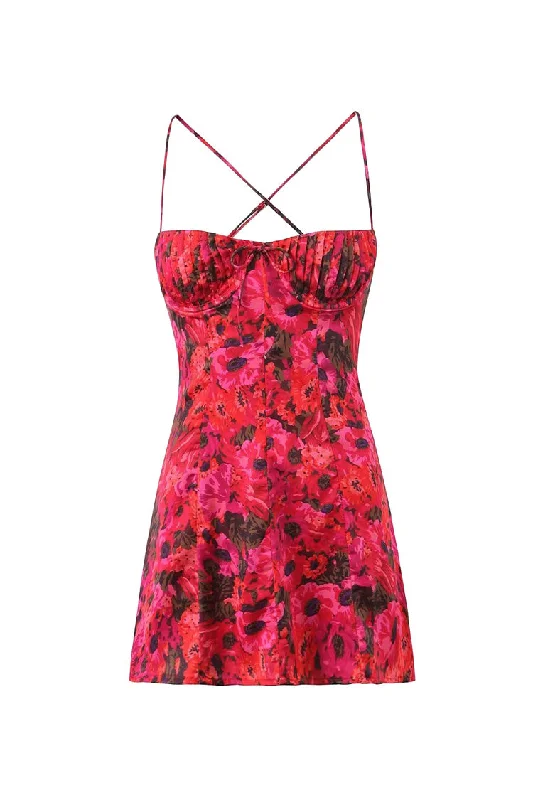 Vintage-Inspired Women's Clothes Sexy Floral Print Bow Pleated Bustier Cutout Cami Party Micro Mini Dress