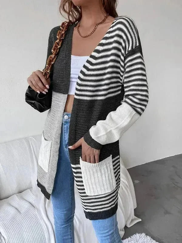 Women's Cozy Clothes Striped Patchwork Women Cardigan Sweater