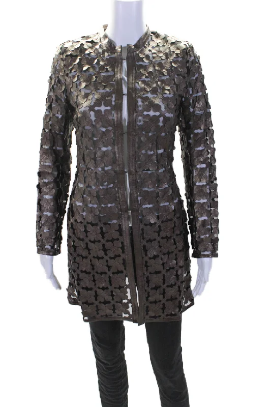 Women's Plus-Size Outfit In Transit 2 Womens Bronze Leather Mesh Crew Neck Long Sleeve Jacket