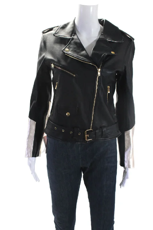 Casual Women's Clothing Online Alice Balas Womens Metallic Studded Leather Jacket Black Champagne