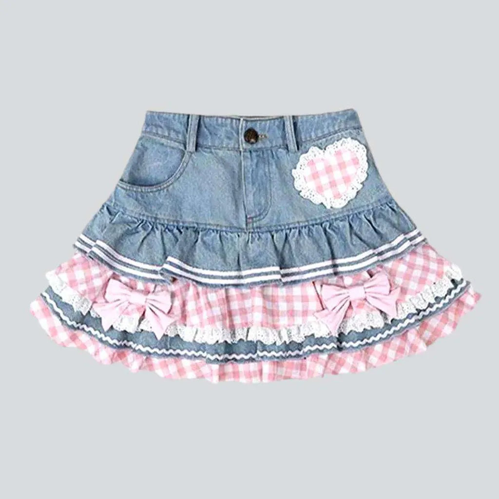 Women's Holiday Attire Pink frills skater denim skirt